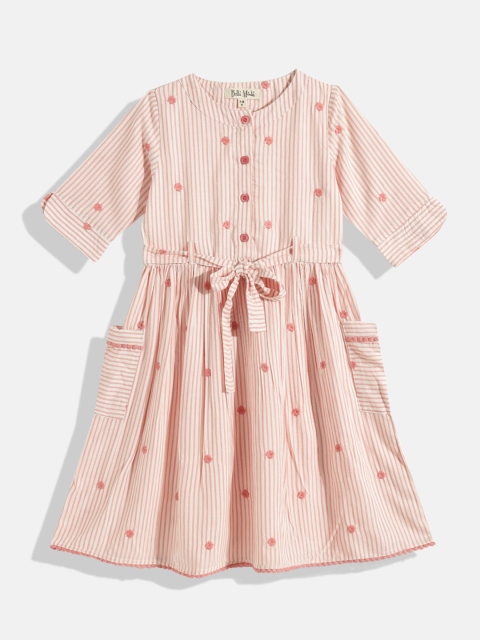 

Bella Moda Girls White & Peach-Coloured Striped Pure Cotton Fit & Flare Dress