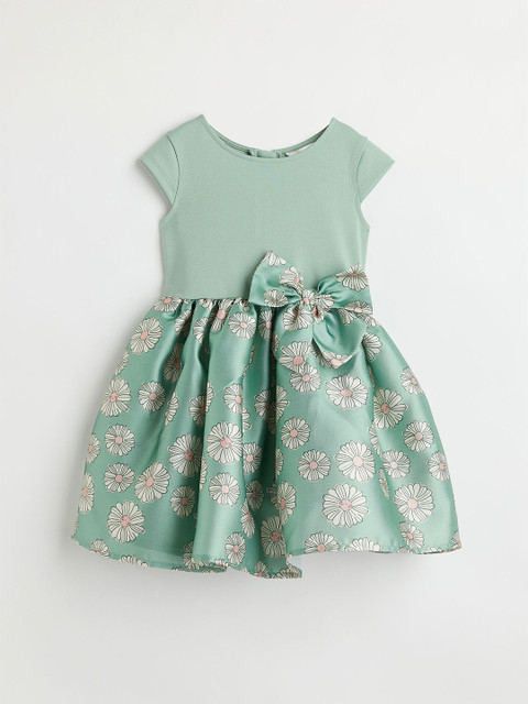 

H&M Girls Green Floral Printed Flared-Skirt Dress With Bow Detailing