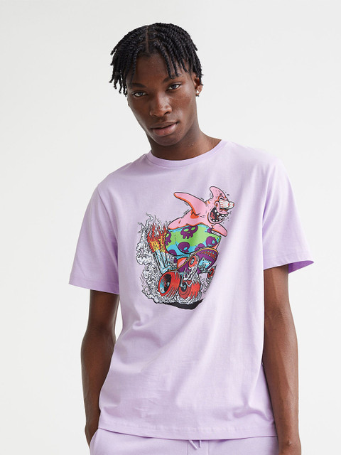 

H&M Men Purple Regular Fit SpongeBob Printed Cotton T-shirt