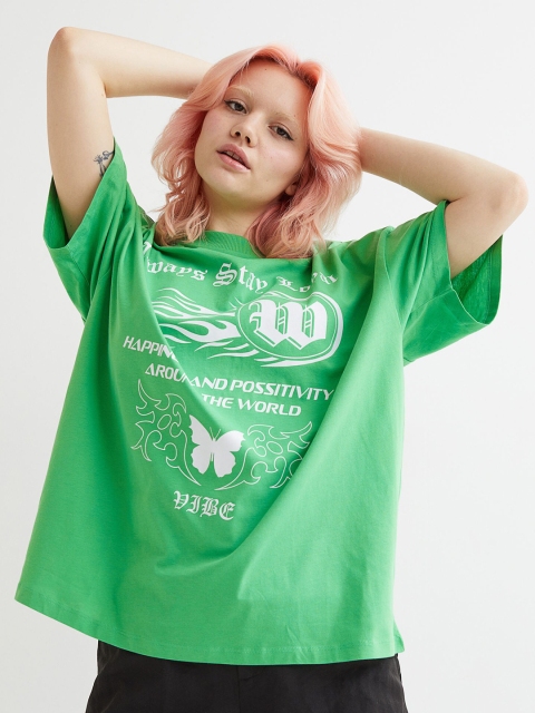 

H&M Green Oversized Printed T-Shirt