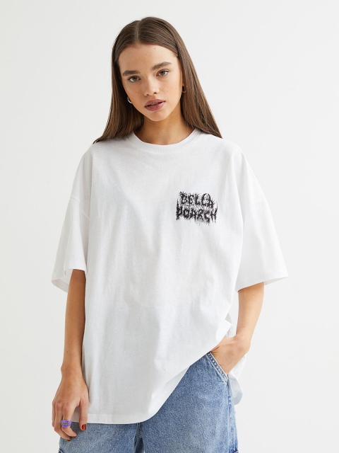 

H&M Women White & Black Cotton Oversized Printed T-Shirt
