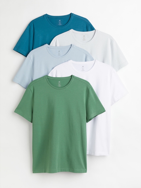 

H&M Men Pack of 5 Blue & Green Solid Cotton Slim Fit T-shirts
