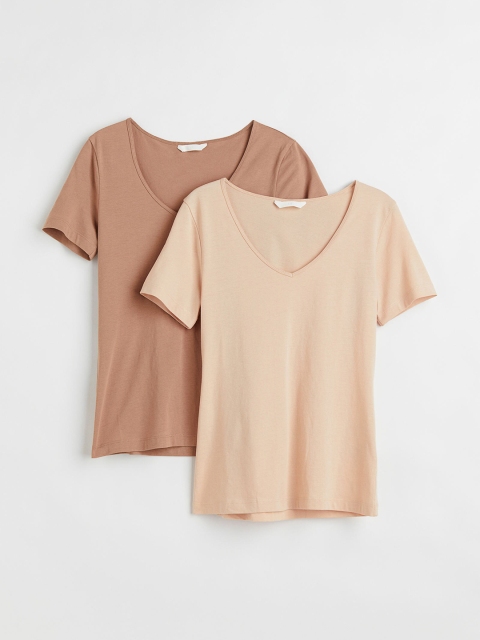 

H&M Women Pack Of 2 Beige Solid Pure Cotton T-shirts