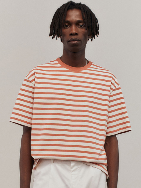 

H&M Men Orange & Beige Striped Relaxed Fit Cotton T-Shirt