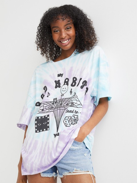 

H&M Women Teal Blue & Purple Round Neck Cotton Printed T-shirt
