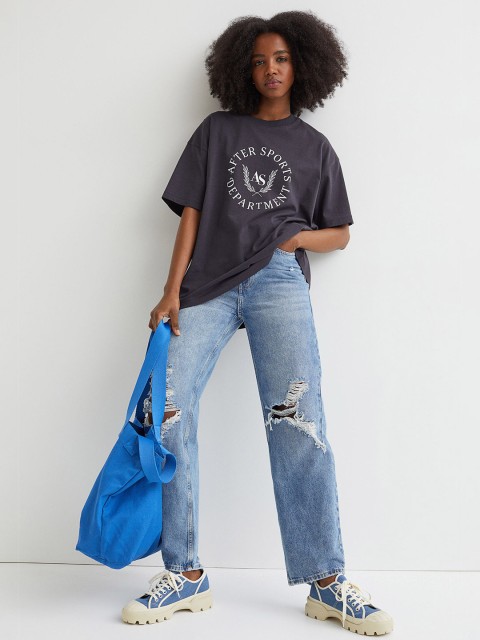 

H&M Women Grey Printed Cotton T-shirt