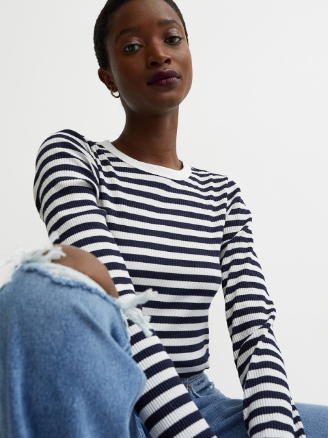 

H&M Women White & Black Striped Fitted Ribbed Modal-Blend Top