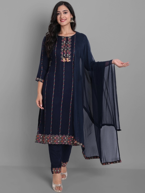 

Ziva Fashion Women Blue Floral Embroidered Mirror Work Kurta with Trousers & With Dupatta