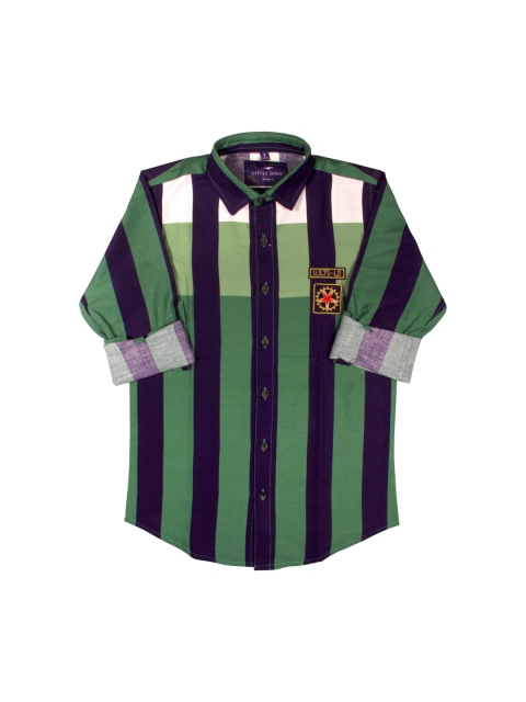 

LITTLE DINO Boys Green Classic Slim Fit Striped Casual Shirt