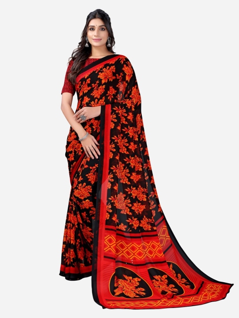 

KALINI Black & Orange Floral Printed Saree