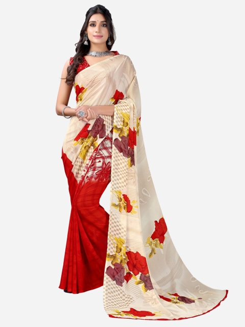 

KALINI Cream-Coloured & Red Floral Half and Half Saree