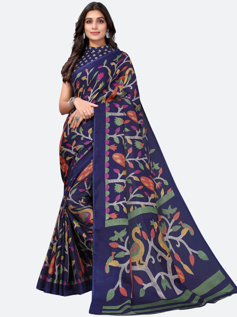 

KALINI Navy Blue & Green Printed Cotton Blend Kalamkari Saree