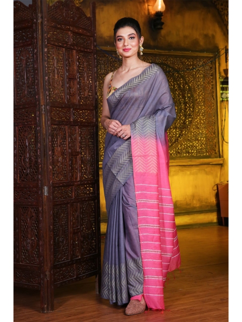 

Charukriti Grey & Pink Woven Design Handloom Silk Blend Saree