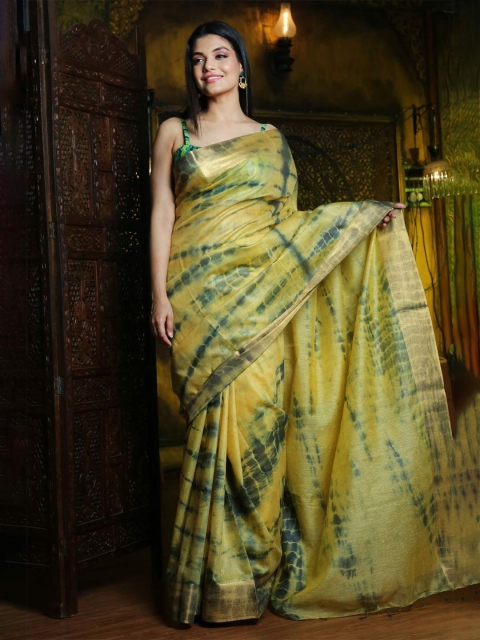 

Charukriti Yellow & Green Tie and Dye Zari Silk Blend Saree