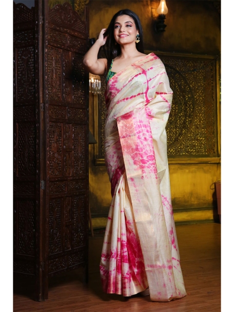 

Charukriti Off White & Pink Tie and Dye Zari Silk Blend Saree