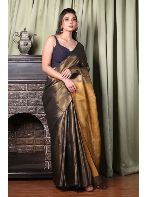 

Charukriti Golden & Navy Blue Embellished Handloom Zari Silk Blend Saree, Gold