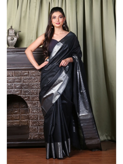 

Charukriti Black & Silver-Toned Zari Silk Blend Saree
