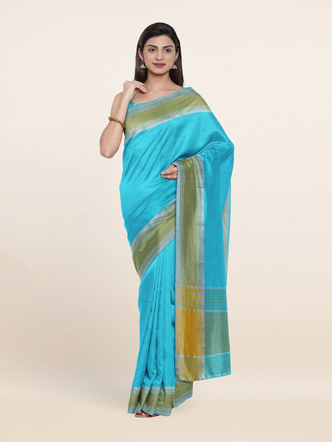 

Pothys Blue & Green Solid Zari Pure Cotton Saree