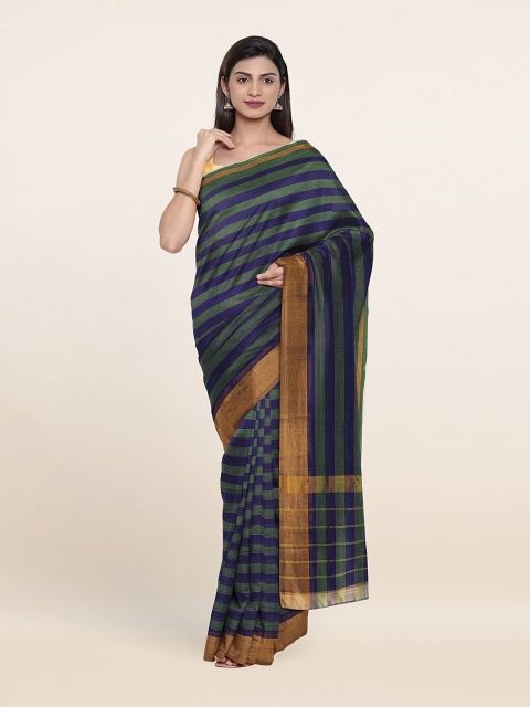 

Pothys Green & Navy Blue Striped Zari Pure Cotton Saree