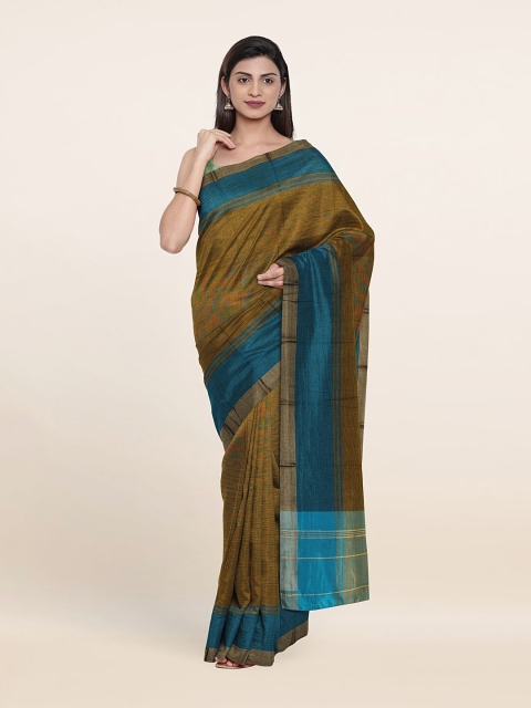 

Pothys Olive Green & Blue Solid Pure Cotton Saree