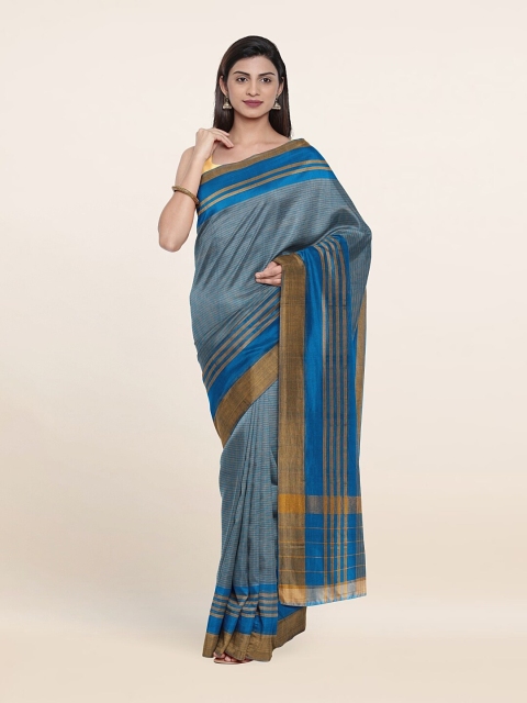 

Pothys Blue & Gold-Toned Striped Zari Pure Cotton Saree