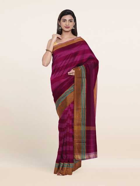 

Pothys Burgundy & Gold-Toned Striped Zari Pure Cotton Saree