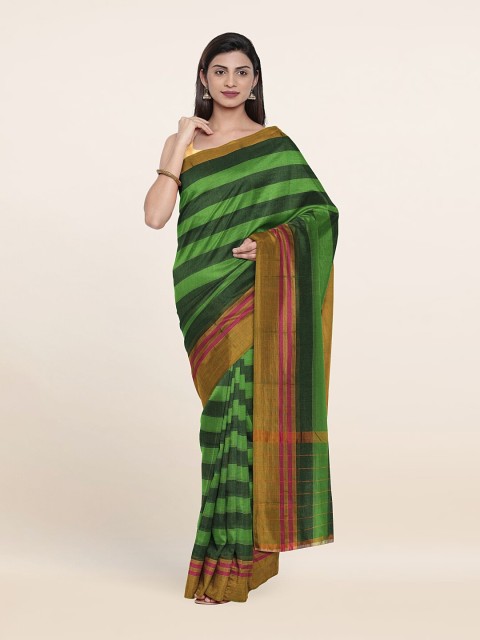 

Pothys Green & Gold-Toned Striped Zari Pure Cotton Saree