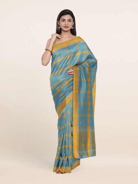 

Pothys Blue & Golden Checked Pure Cotton Saree