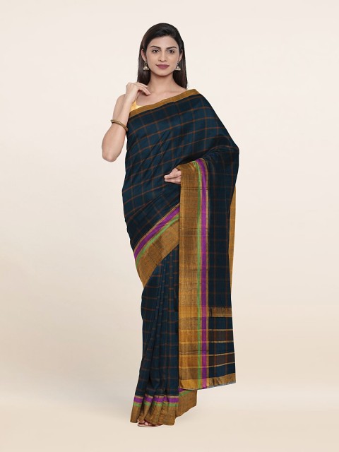 

Pothys Blue & Gold-Toned Checked Pure Cotton Saree