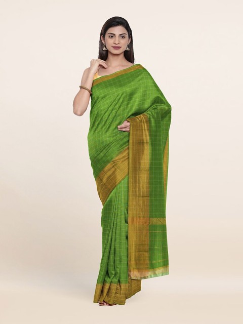 

Pothys Green & Gold-Toned Checked Zari Pure Cotton Saree