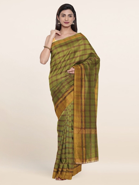 

Pothys Green & Gold-Toned Checked Zari Pure Cotton Saree