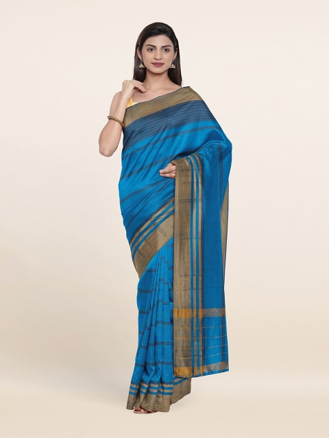 

Pothys Blue & Gold-Toned Striped Zari Pure Cotton Saree