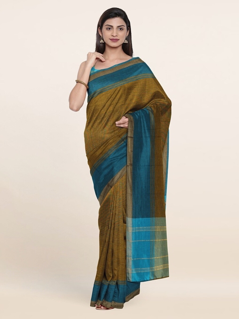 

Pothys Olive Green & Blue Solid Zari Pure Cotton Saree