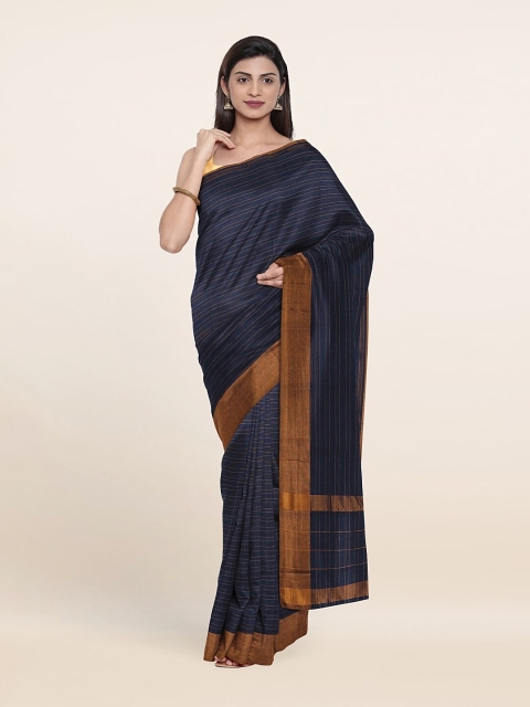 

Pothys Blue & Gold-Toned Striped Pure Cotton Saree