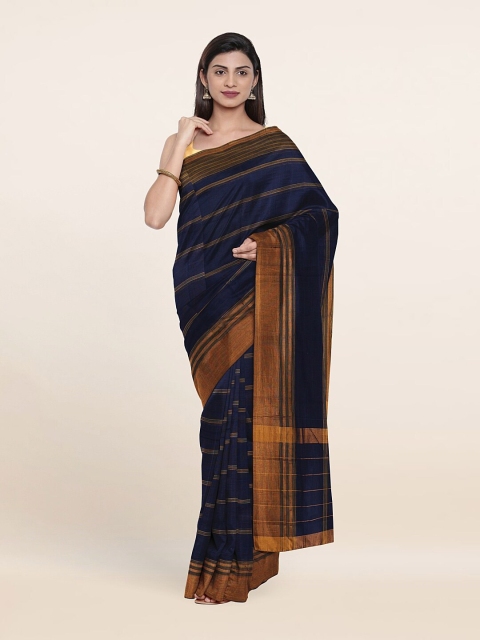 

Pothys Blue & Gold-Toned Striped Pure Cotton Saree