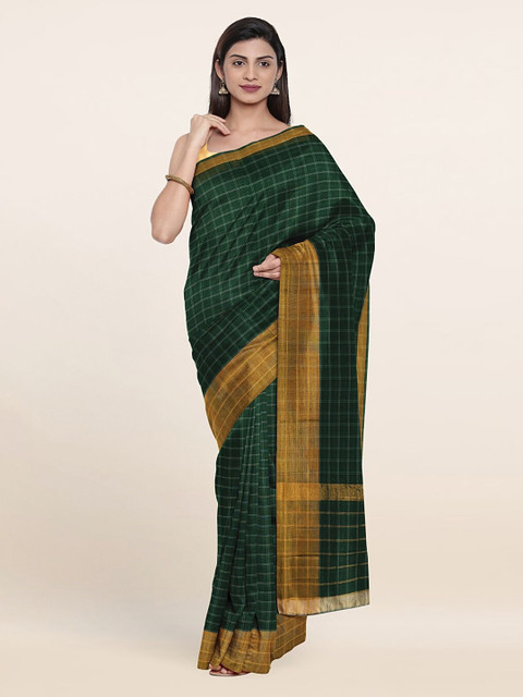 

Pothys Green & Gold-Toned Checked Zari Pure Cotton Saree
