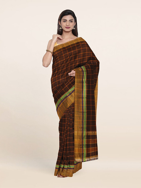 

Pothys Brown & Gold-Toned Checked Pure Cotton Saree