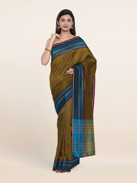 

Pothys Olive Green & Blue Solid Pure Cotton Saree