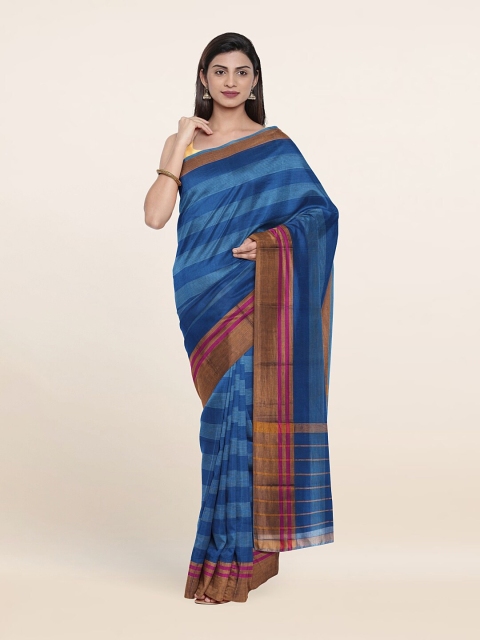 

Pothys Blue & Golden Striped Zari Pure Cotton Saree