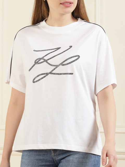 

Karl Lagerfeld Women White Typography Printed Extended Sleeves Cotton T-shirt