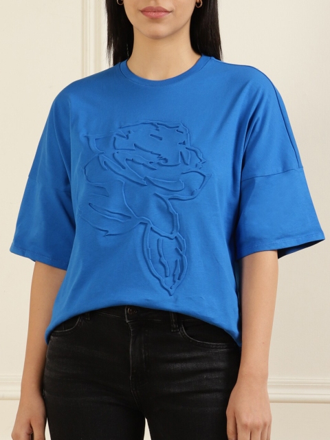 

Ted Baker Women Blue Drop-Shoulder Sleeves Loose Cotton T-shirt