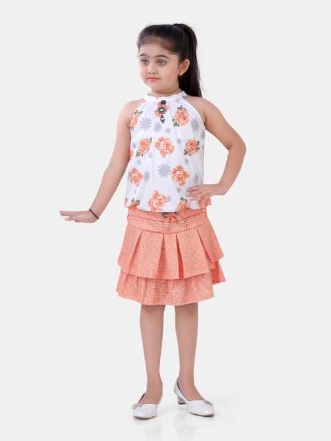 

POPLINS Girls Orange & White Pure Cotton Printed Top with Skirt