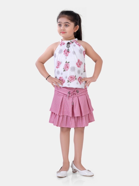 

POPLINS Girls White & Pink Floral Printed Pure Cotton Top with Skirt
