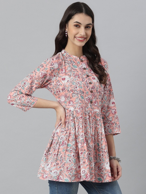 

Stylum Pink & White Floral Printed Pure Cotton Pleated Kurti