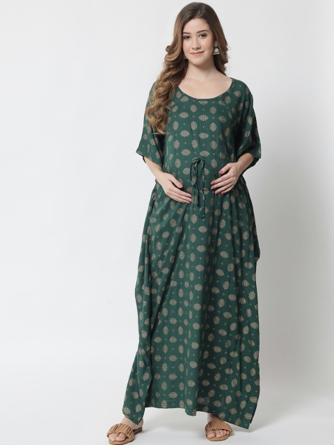 

Aujjessa Green & Golden Ethnic Motifs Foil Printed Maternity Kaftan Maxi Dress