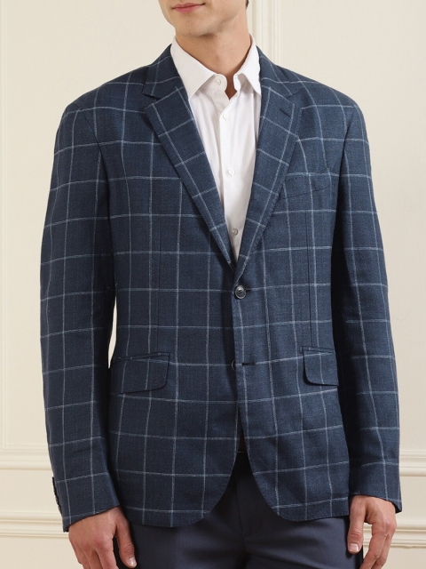 

HACKETT LONDON Men Navy Blue Checked Lightweight Longline Tailored Jacket