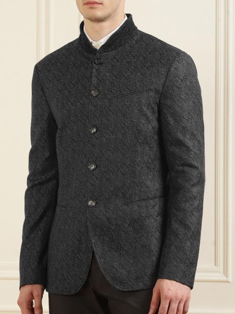 

JOHN VARVATOS Men Grey Lightweight Longline Tailored Jacket with Embroidered