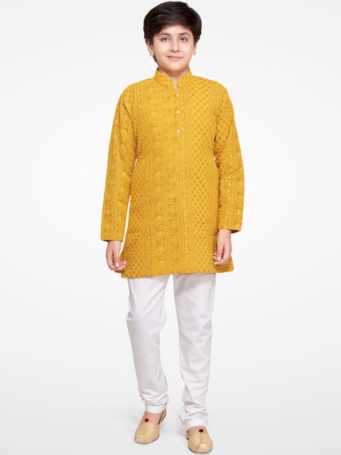 

Jeetethnics Boys Yellow & White Ethnic Motifs Embroidered Chikankari Kurta with Churidar