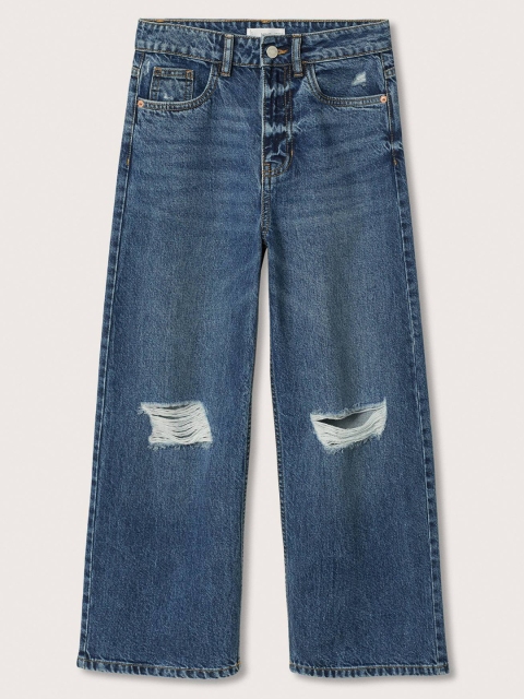 

Mango Kids Girls Blue Solid Wide Leg Slash Knee Jeans
