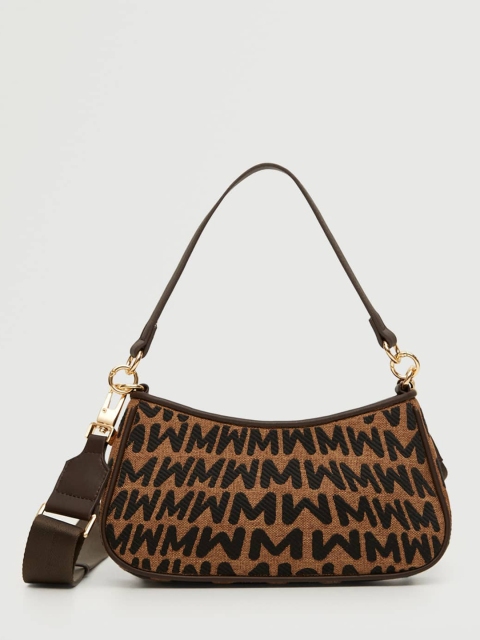 

MANGO Camel Brown Typography Woven Design Baguette Shoulder Bag Detachable Sling Strap